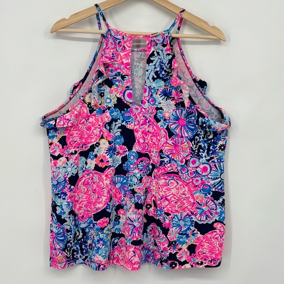 Lilly Pulitzer Billie high tide turtle print Halter Neck tank Top Large Ruffle - Picture 4 of 10